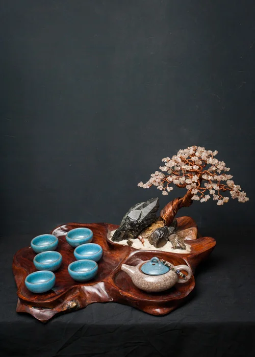 Bộ ấm trà bonsai tinh thể thạch anh khói