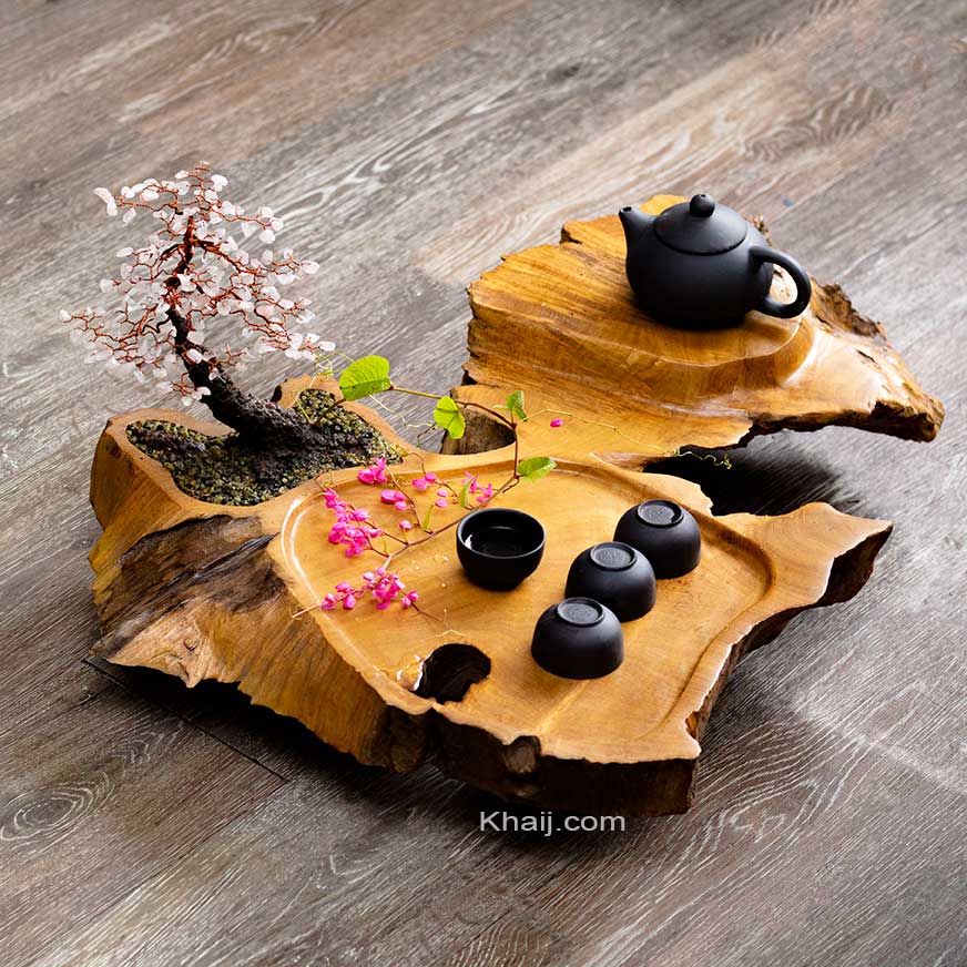 Khay Trà Gỗ Lũa Thạch Anh Trắng KT047