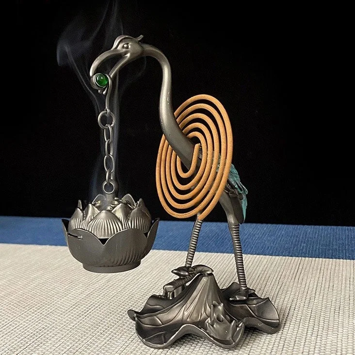 Tiểu Cảnh Kim Loại Xông Trầm Chim Hạc Đính Đá T04