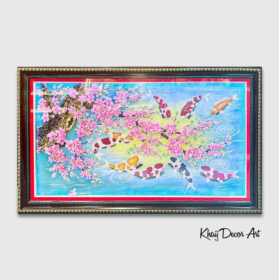 Tranh Đá Quý Cửu Ngư Quần Hội Có Đèn Led Mẫu Mới 2023