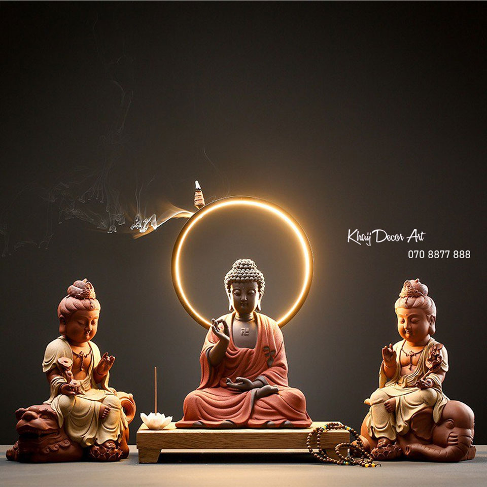 Bộ Tượng Thích Ca Kèm Văn Thù Và Phổ Hiền Bồ Tát Gốm Tử Sa