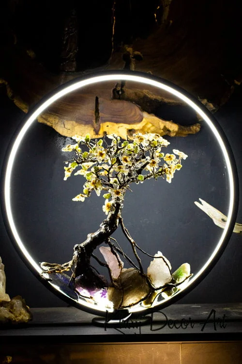 Tiểu cảnh Bonsai Mai chiêu tài trên đá led viền sáng cao cấp